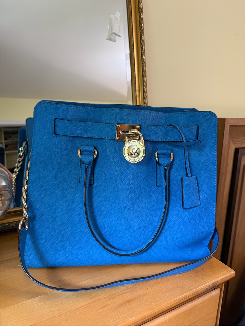 Michael Kors Bright Blue Saffiano Leather Tote with Gold Hardware